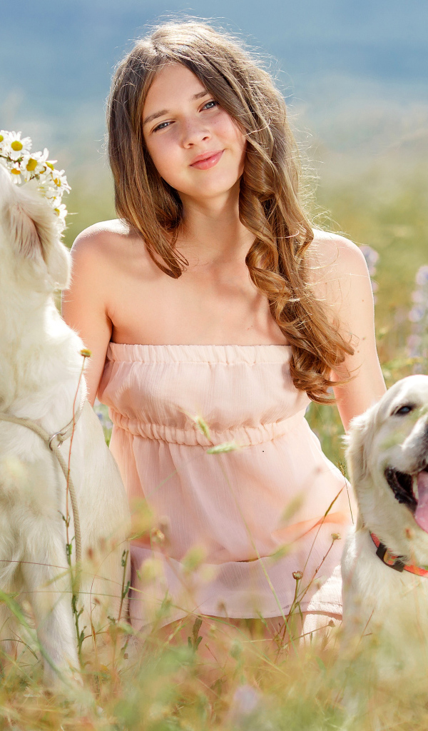 Красивая девочка с собаками в поле