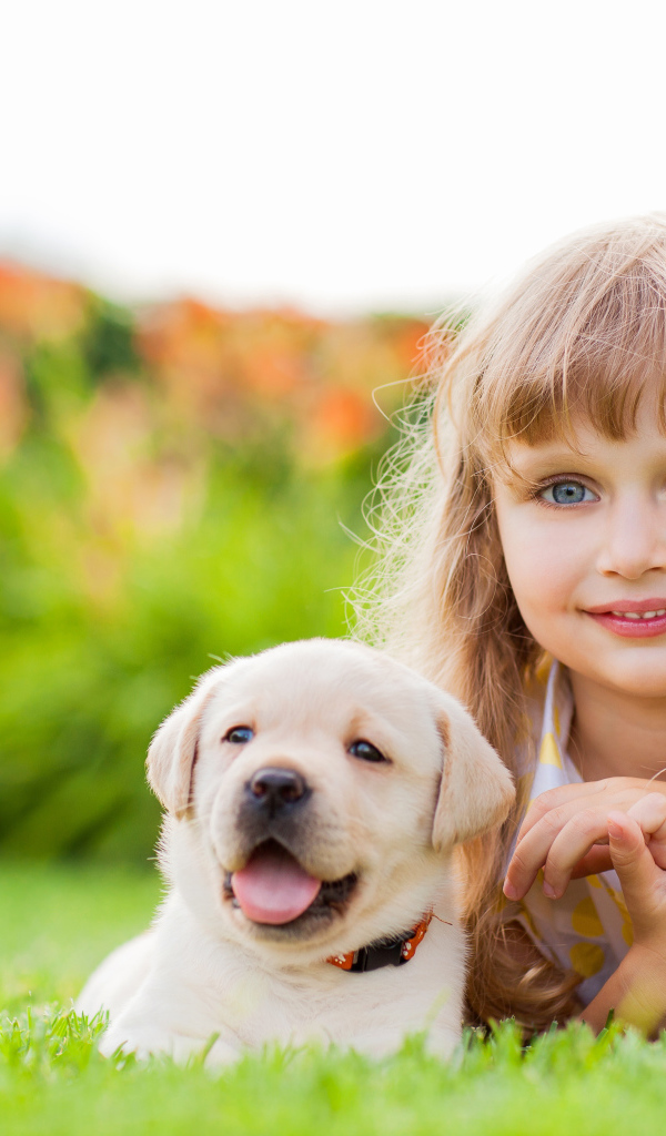 Милая маленькая девочка с щенком золотистого ретривера лежит на зеленой траве