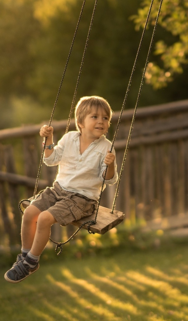 Маленький мальчик катается на качели летом