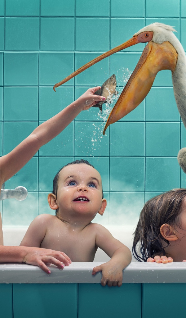 Маленькие дети сидят в ванной с пеликаном