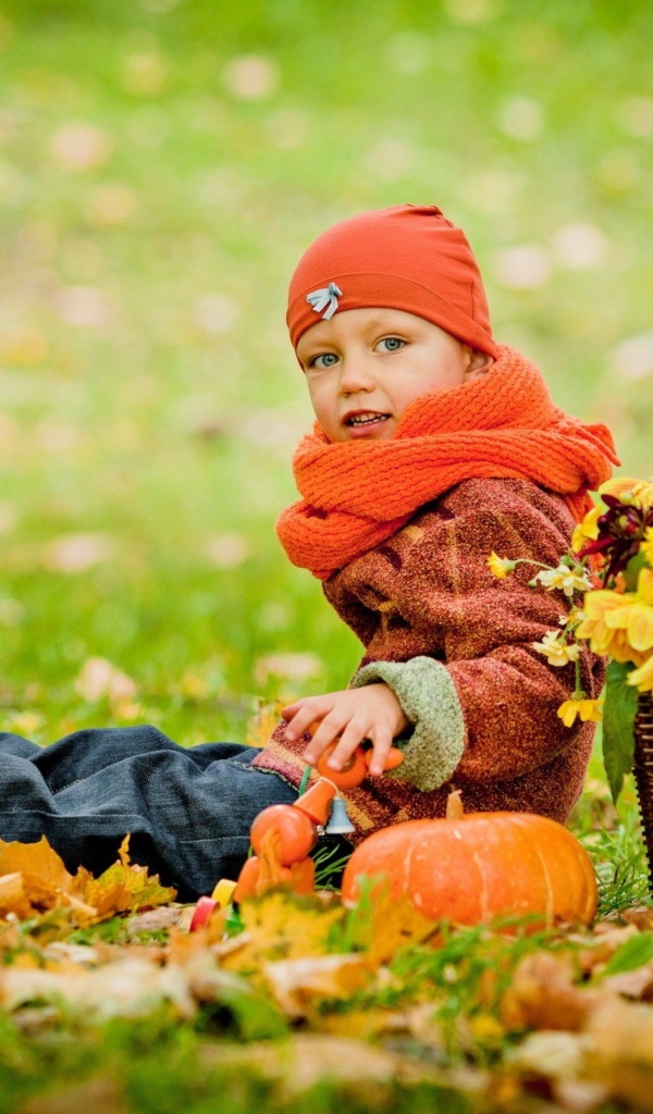 Маленькая девочка сидит на траве с корзиной цветов осенью