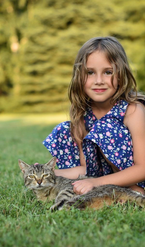 Маленькая девочка сидит на зеленой траве с серым котом