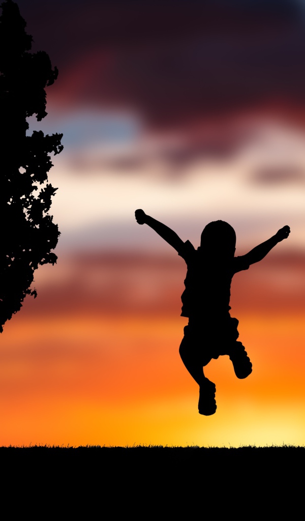 Силуэт маленького мальчика с собакой на фоне заката