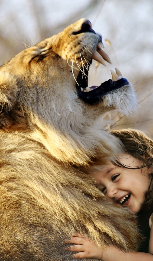 Улыбающаяся маленькая девочка обнимает львицу