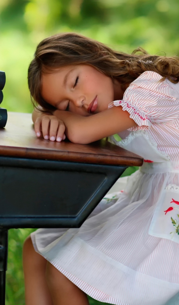 Уставшая маленькая ученица уснула за партой