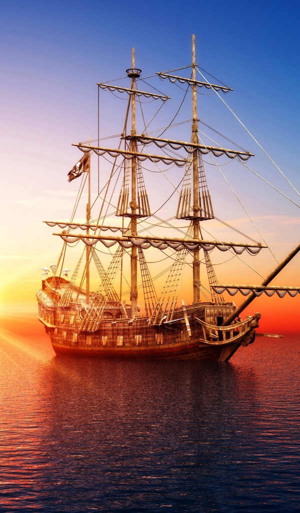 Большой пиратский корабль в море на закате солнца