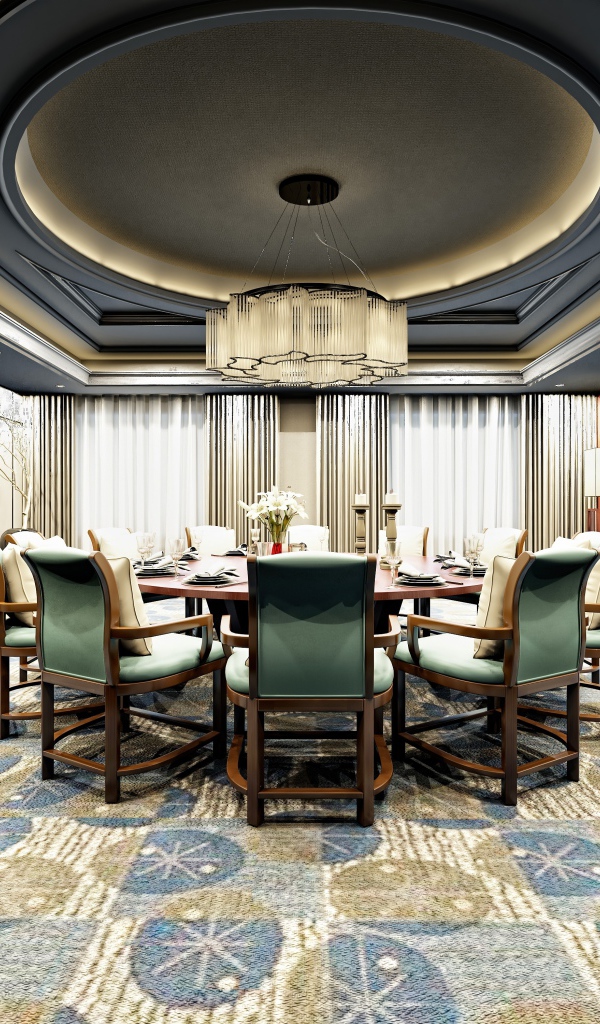 Большая гостиная комната со столом и большой люстрой