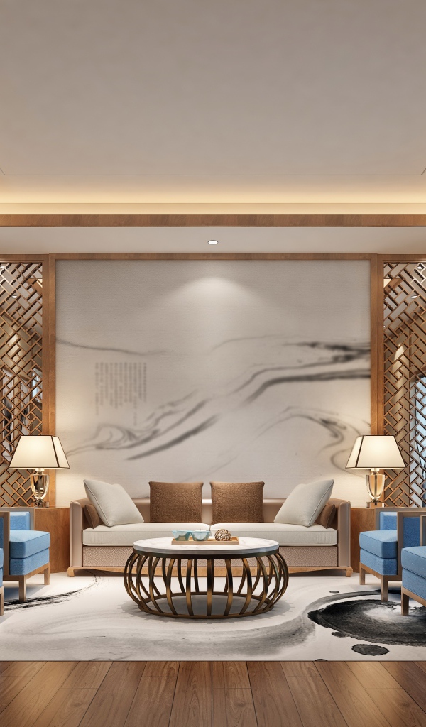 Большая стильная гостиная с креслами и диваном