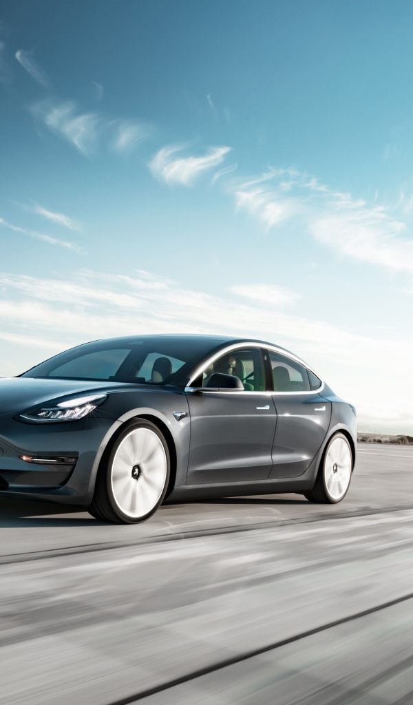 Серебристый автомобиль Tesla Model 3, 2018 года на трассе