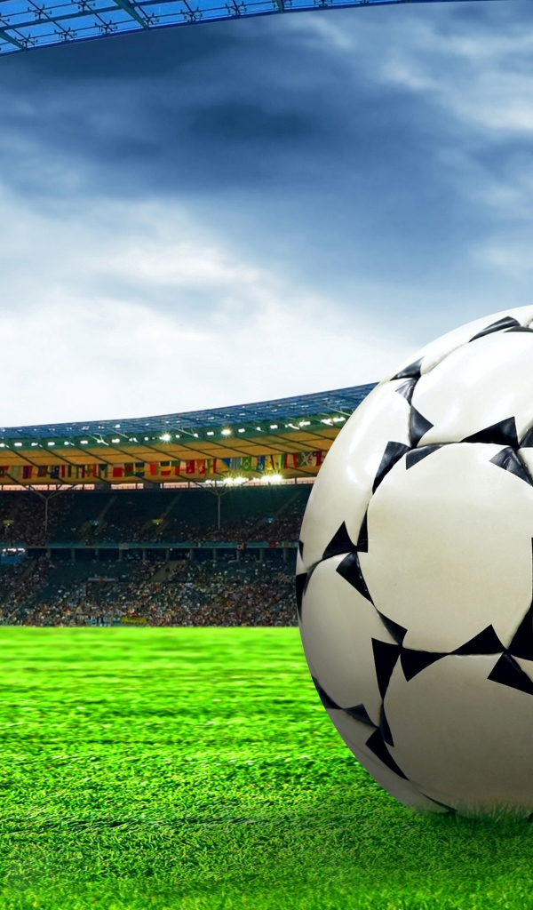 Футбольный мяч на зеленой траве стадиона