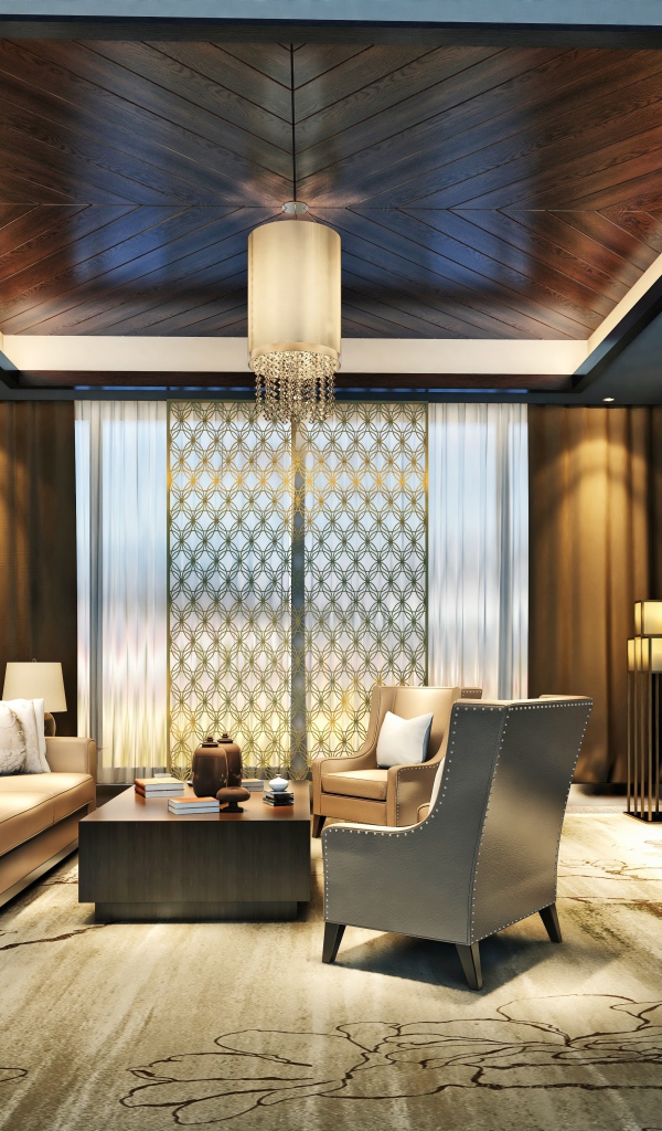 Стильная гостиная с деревянной отделкой