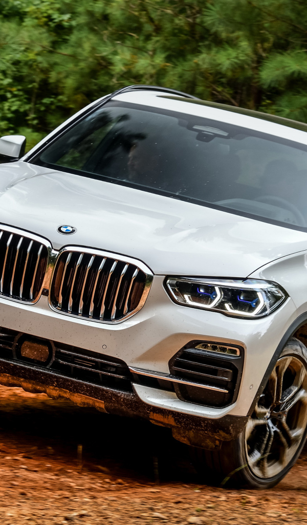 Белый автомобиль BMW X5  2018 года в лесу