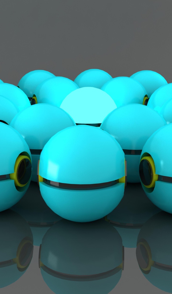 Много голубых шаров отражаются в сером поверхности 