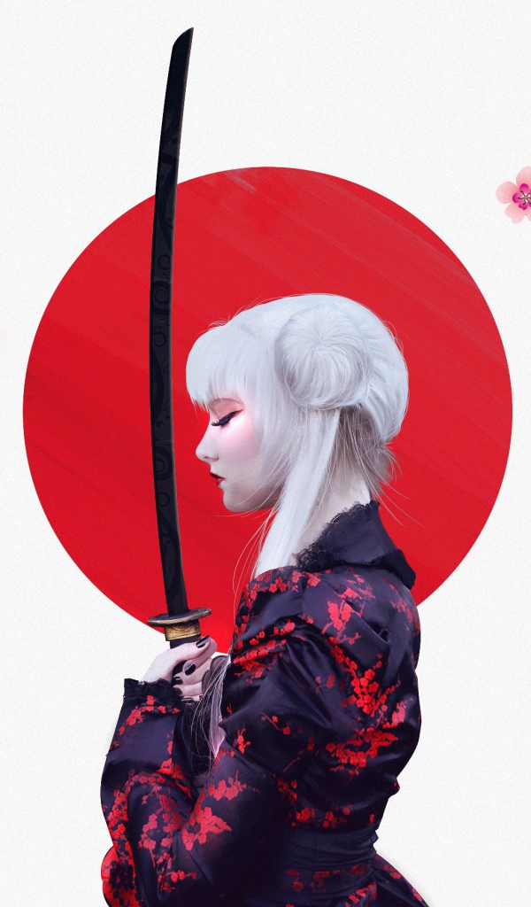 Девушка аниме Женщина Воин с мечом на фоне с ветками сакуры