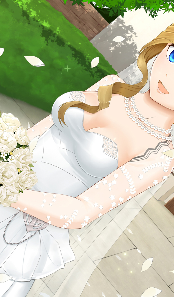 Девушка аниме в белом свадебном платье с букетом