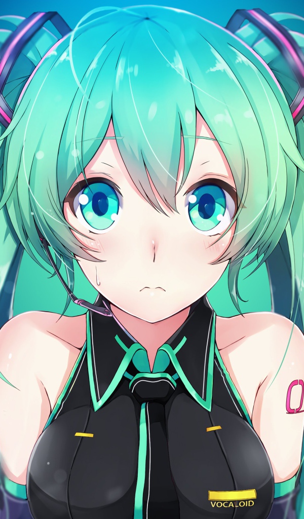 Девушка аниме Мику Хацунэ с большими голубыми глазами