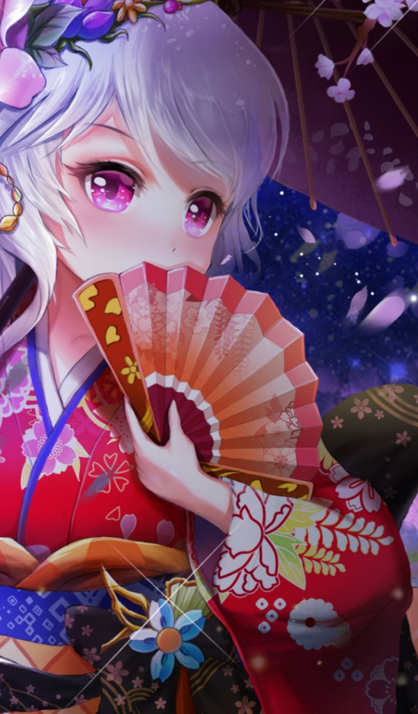 Девушка аниме с веером и зонтом в руке