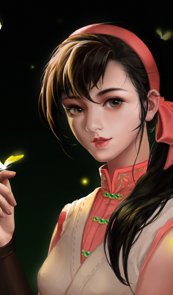 Девушка аниме с бабочкой на пальце