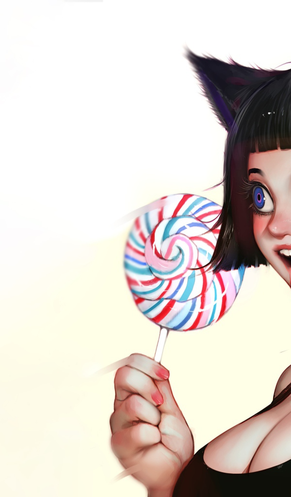 Девушка аниме с леденцом в руке на белом фоне 