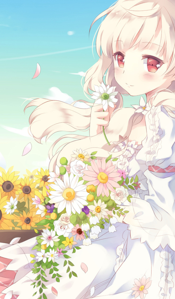 Beautiful anime girl with a bouquet of flowers in her hands
