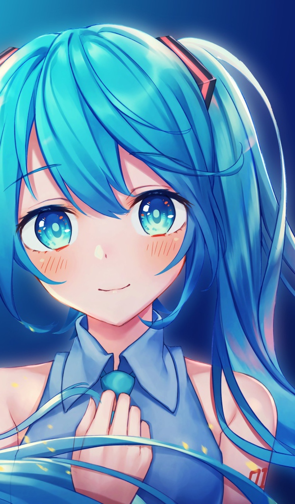 Girl with blue hair Miku Hatsune anime Vocaloid on a blue background