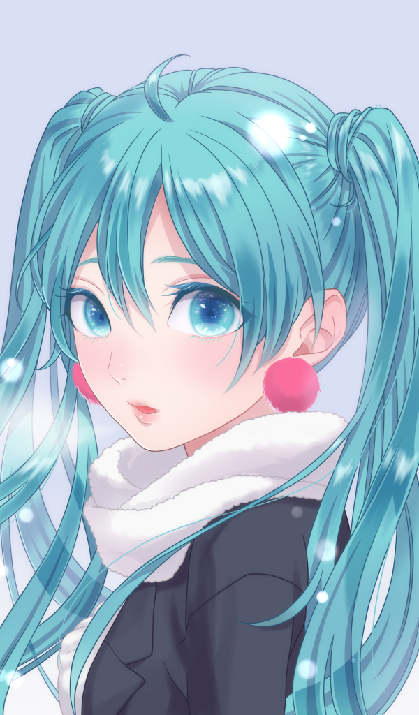 Miku Hatsune anime girl with blue hair in winter