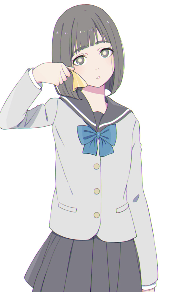 Грустная девушка аниме с форме на белом фоне