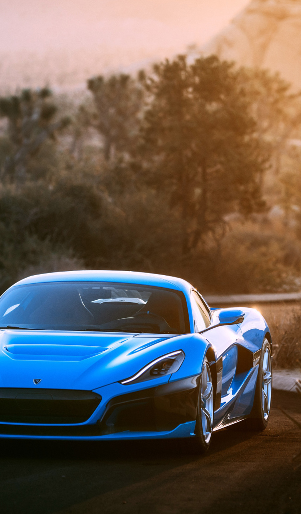 Синий спортивный автомобиль Rimac C Two California Edition вид спереди