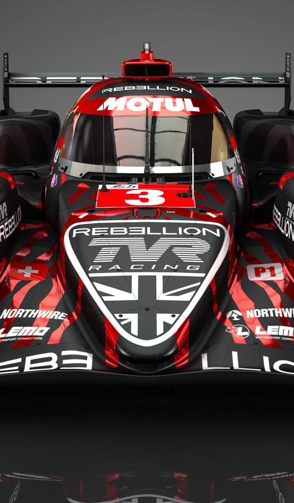 Rebellion R13 racing car on a gray background front view