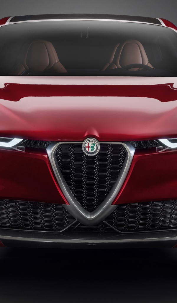 Красный автомобиль Alfa Romeo Tonale Concept,  2019 года вид спереди на сером фоне