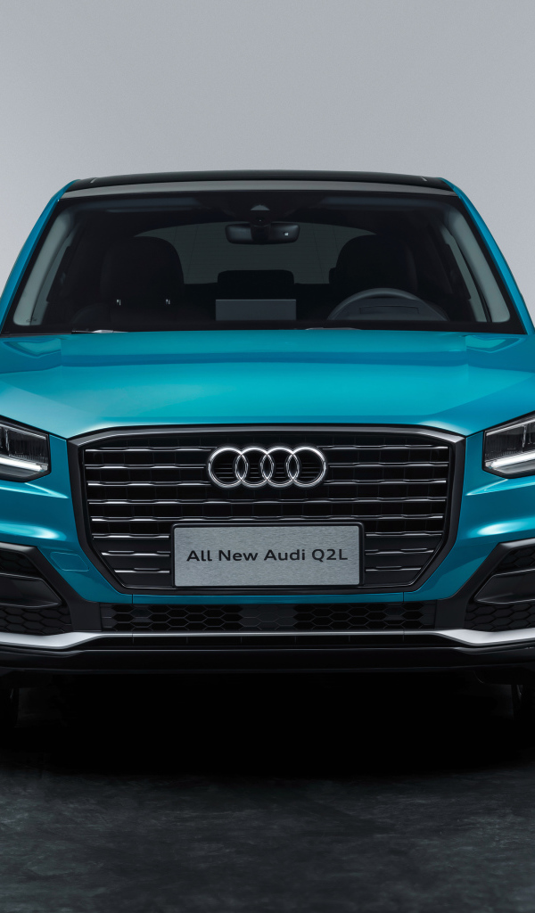 Голубой автомобиль Audi Q2  2018 года вид спереди