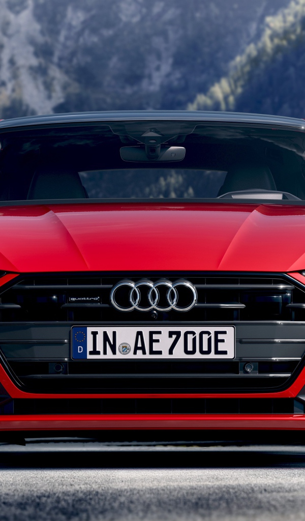 Красный автомобиль Audi A7 Sportback 55 TFSI E Quattro S Line 2019 года на трассе 
