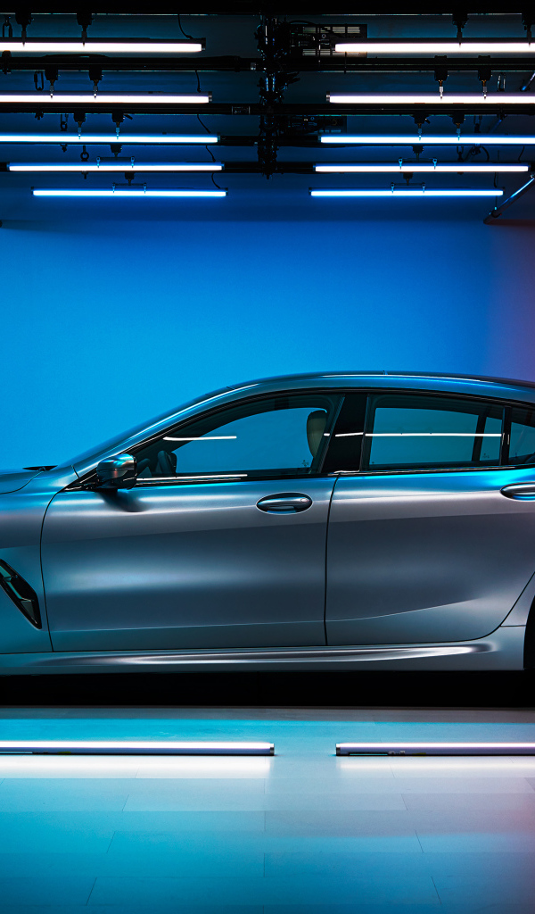 Серебристый автомобиль BMW M850i,  2019 года вид сбоку