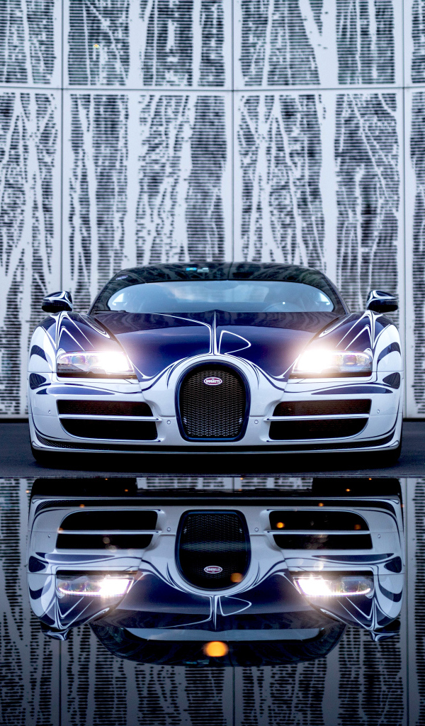 Автомобиль Bugatti Veyron Grand Sport Roadster отражается в зеркальной поверхности 