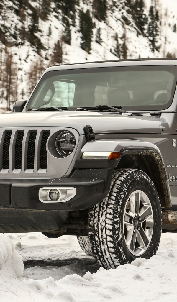 Черный Jeep Wrangler Sahara 2019 года на снегу