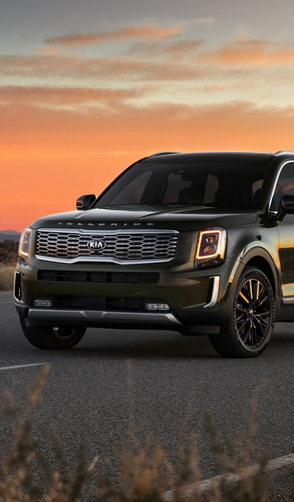 Черный внедорожник Kia Telluride, 2020 года на фоне заката 