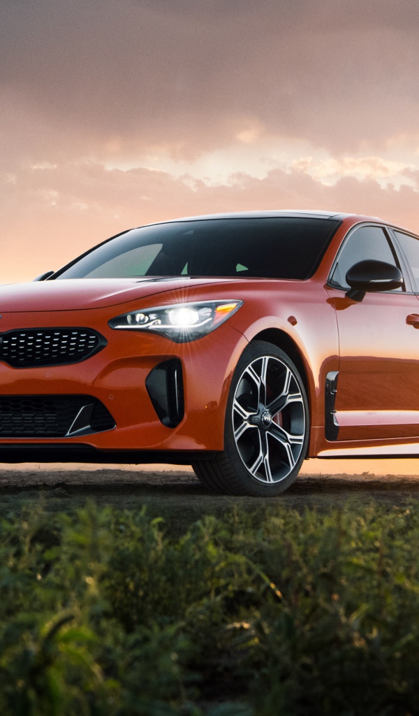Оранжевый автомобиль  Kia Stinger GTS, 2020 года на закате