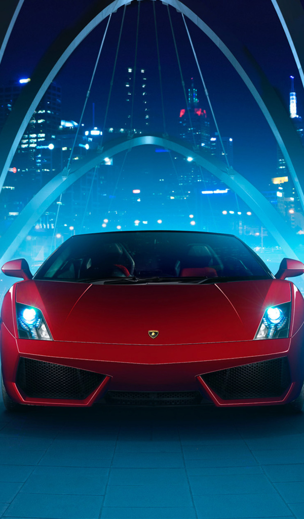 Красный автомобиль Lamborghini Gallardo в неоновом свете на мосту
