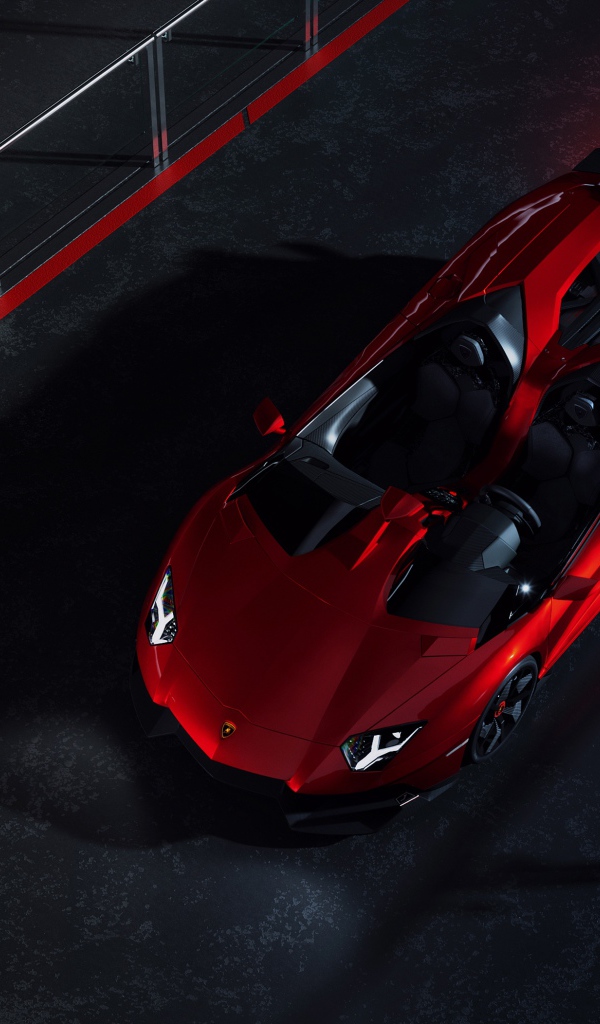 Красный спортивный автомобиль Lamborghini Aventador J CGI вид сверху