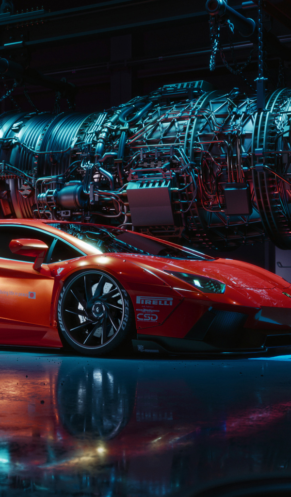 Красный спортивный автомобиль Lamborghini Aventador в бункере
