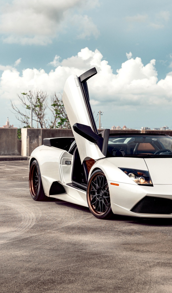 Белый автомобиль Lamborghini Murcielago с открытыми дверями