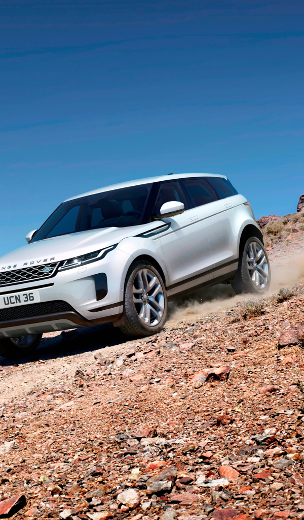Белый внедорожник Range Rover Evoque D240 HSE 2019 года на бездорожье 