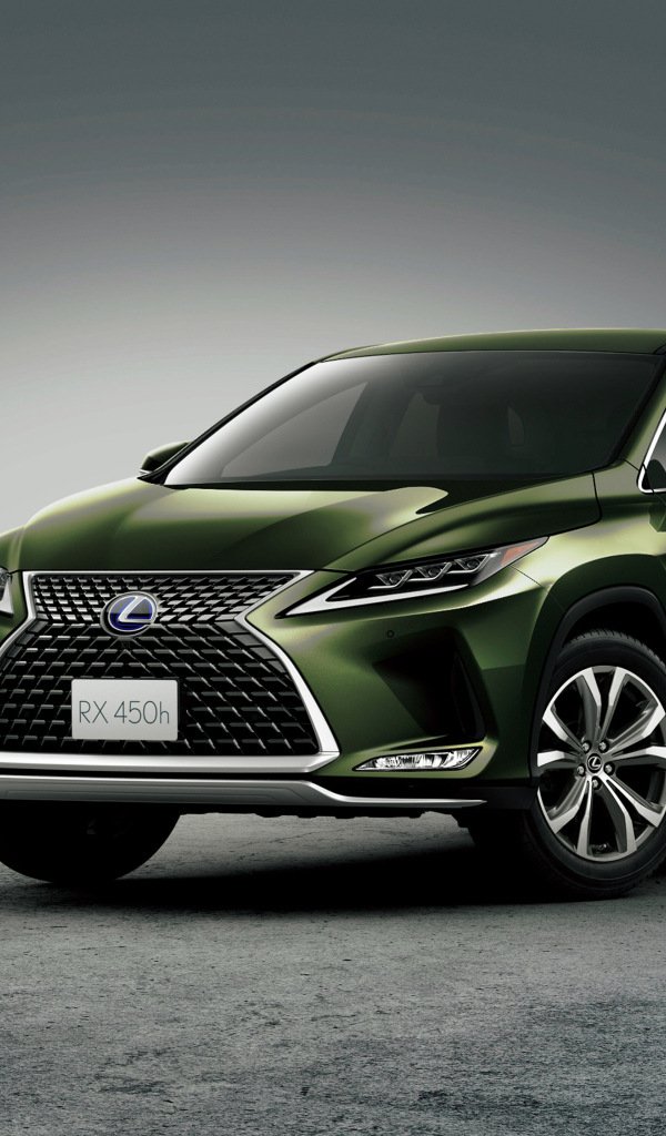 Зеленый автомобиль Lexus RX 450h 2019 года на сером фоне