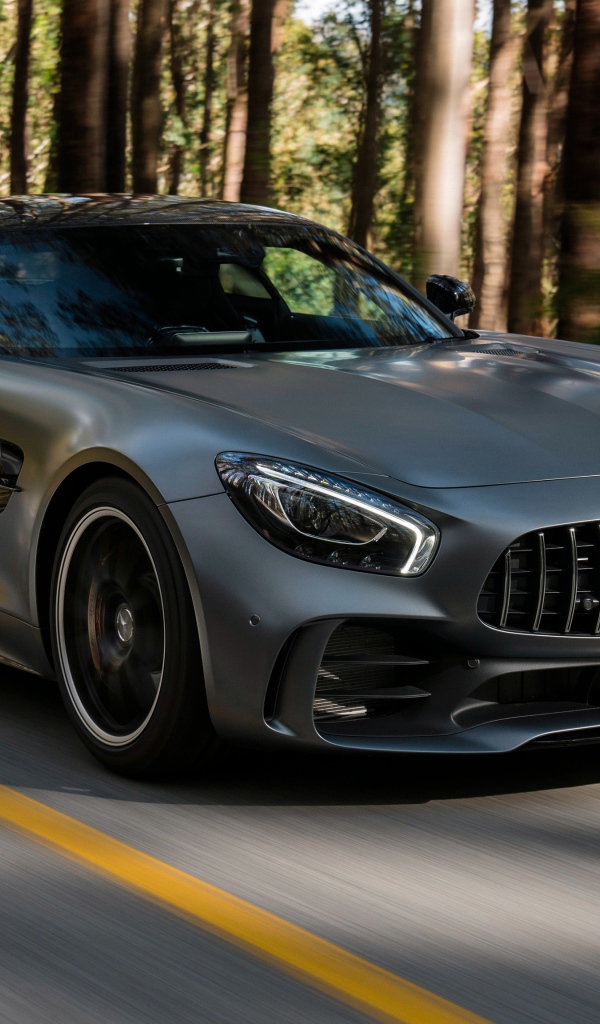 Серебристый автомобиль Mercedes-Benz AMG GT R, 2018 года на трассе