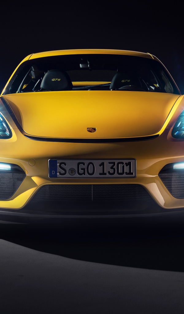 Автомобиль Porsche 718 Cayman GT4,  2019 года с включенными фарами 