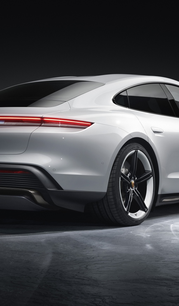 Серебристый автомобиль Porsche Taycan Turbo S 2019 года вид сзади