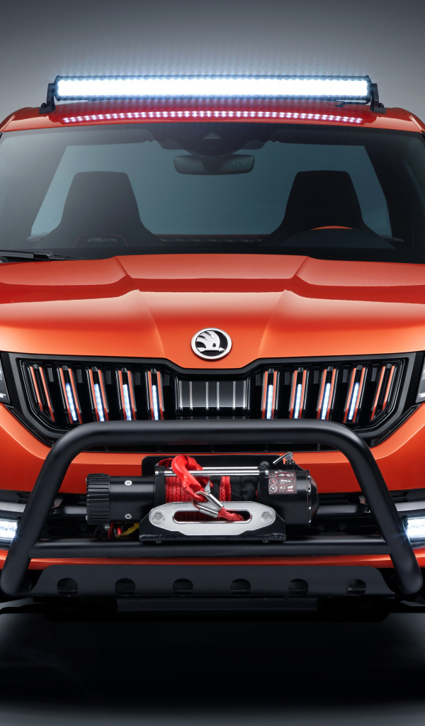 Красный внедорожник Skoda Mountiaq Concept 2019 года на сером фоне