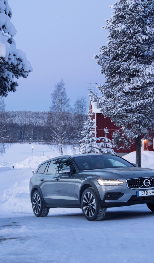 Автомобиль Volvo V60 на фоне заснеженных деревьев 