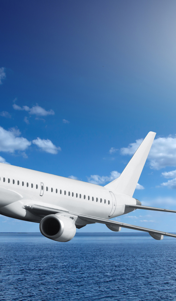 Большой белый пассажирский самолет летит над морем