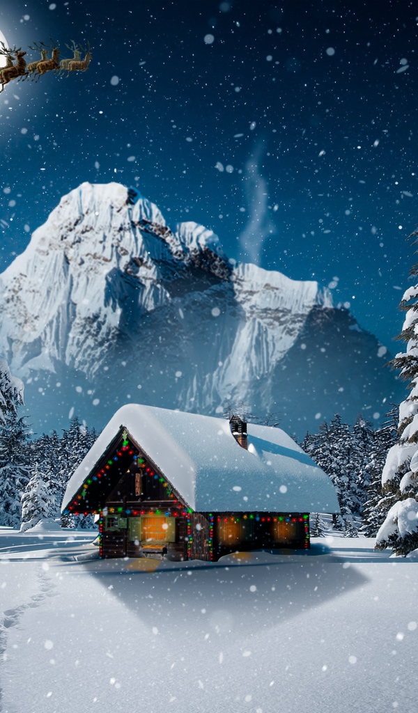 Санта Клаус пролетает над заснеженным домом на Рождество